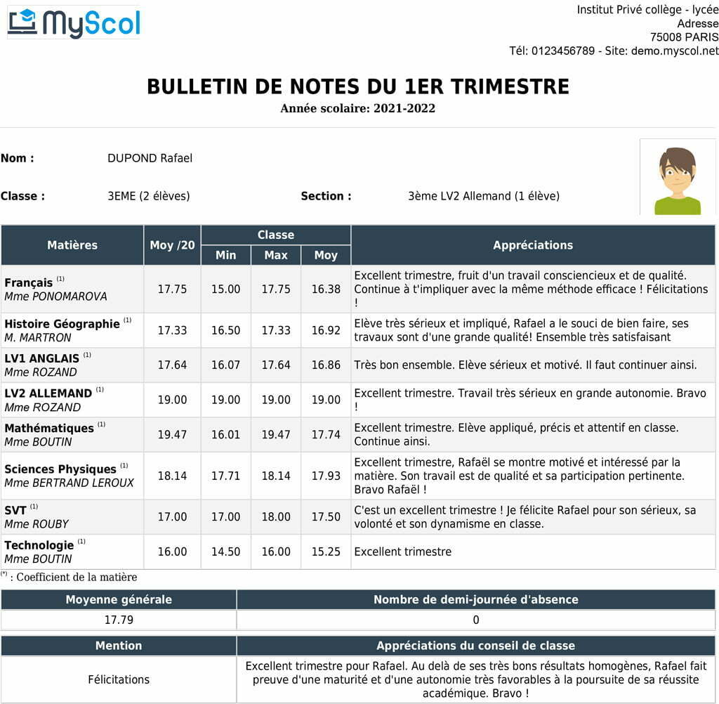 Le Bulletin Scolaire Ou Bulletin De Notes MyScol Logiciel De 