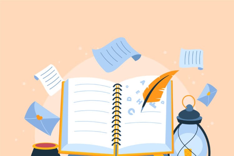 Livre et plume représentant l'orthographe illustrée
