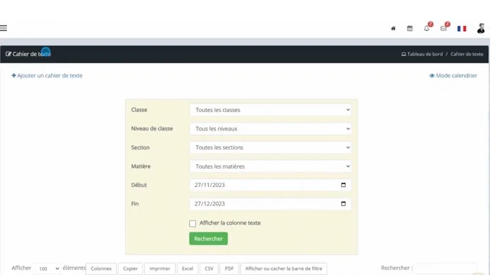 cahier de texte en ligne de MyScol