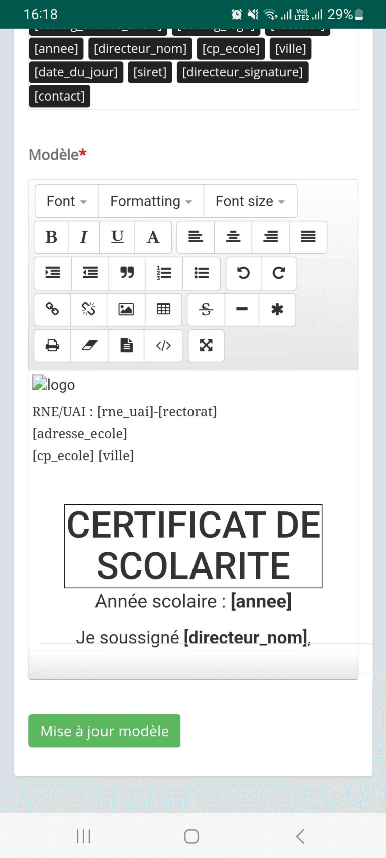 certificat de scolarité sur version mobile