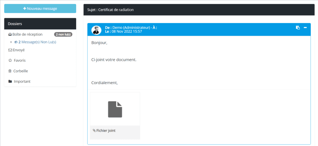 Messagerie certificat de radiation en ligne