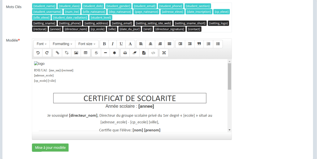 Personnalisation le certificat de scolarité en ligne