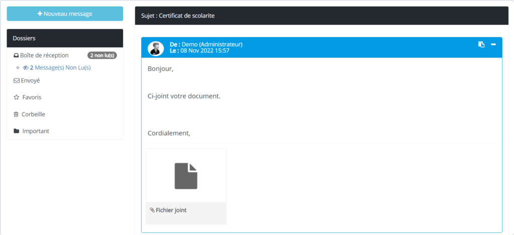 Envoie de messagerie de certificat de scolarité en ligne