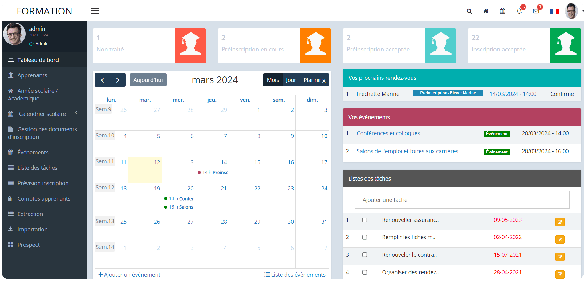 vue sur le module gestion d'inscription des apprenants